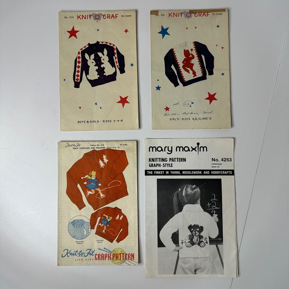 4 Vtg Graph Style Knitting Patterns Mary Maxim Knit-O-Graf Girls Sweater 40s 50s
